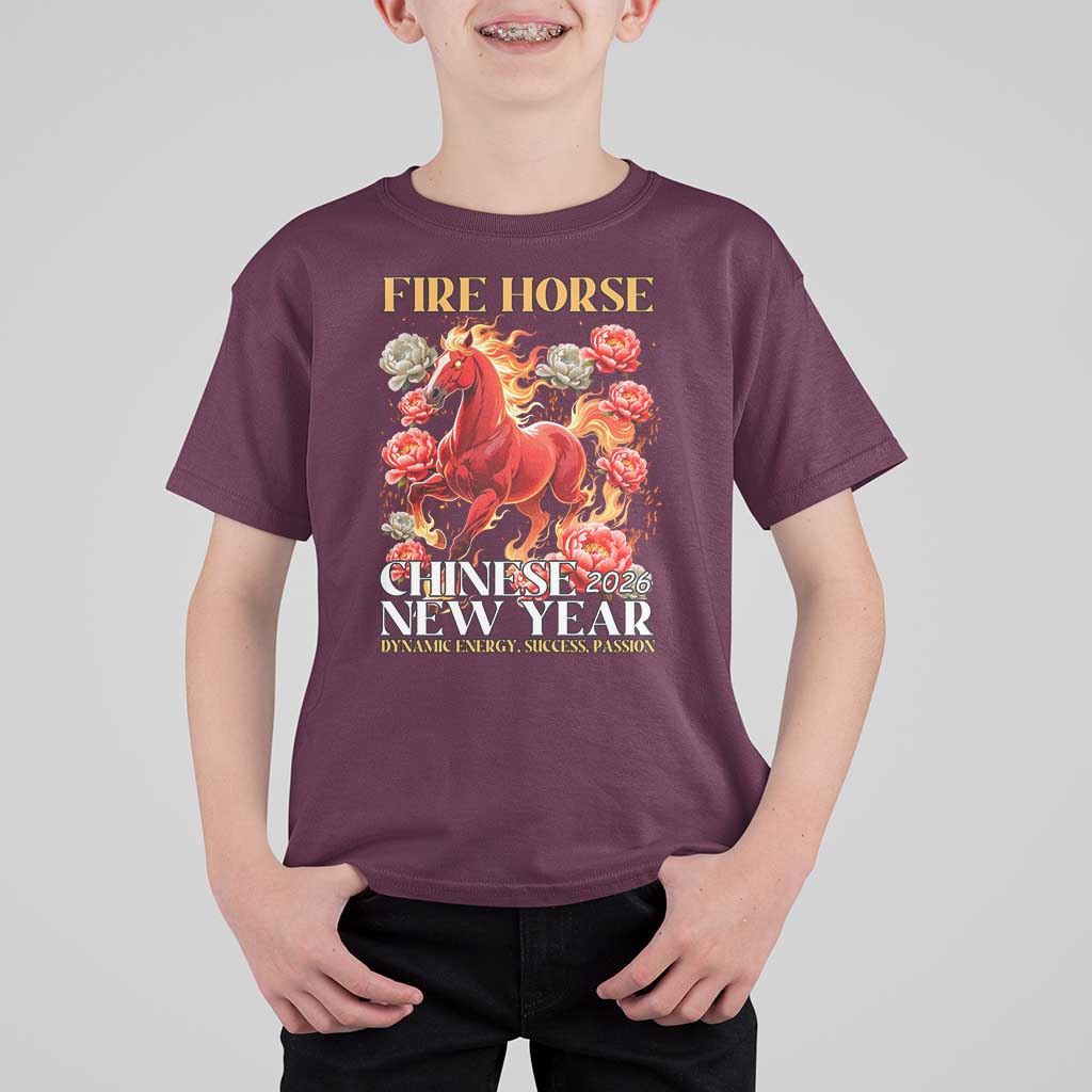 Year of The Fire Horse 2026 T Shirt For Kid Chinese New Year Peony Flower - Wonder Print Shop