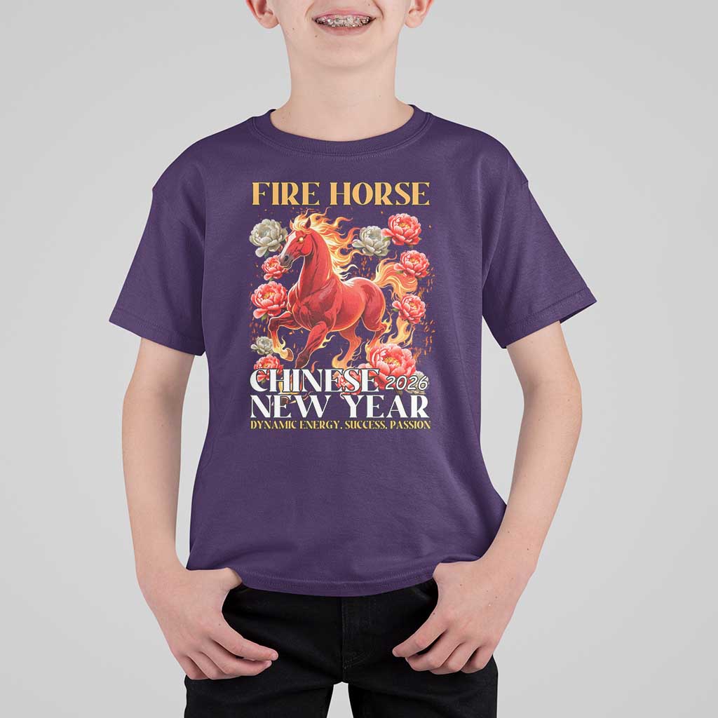 Year of The Fire Horse 2026 T Shirt For Kid Chinese New Year Peony Flower - Wonder Print Shop