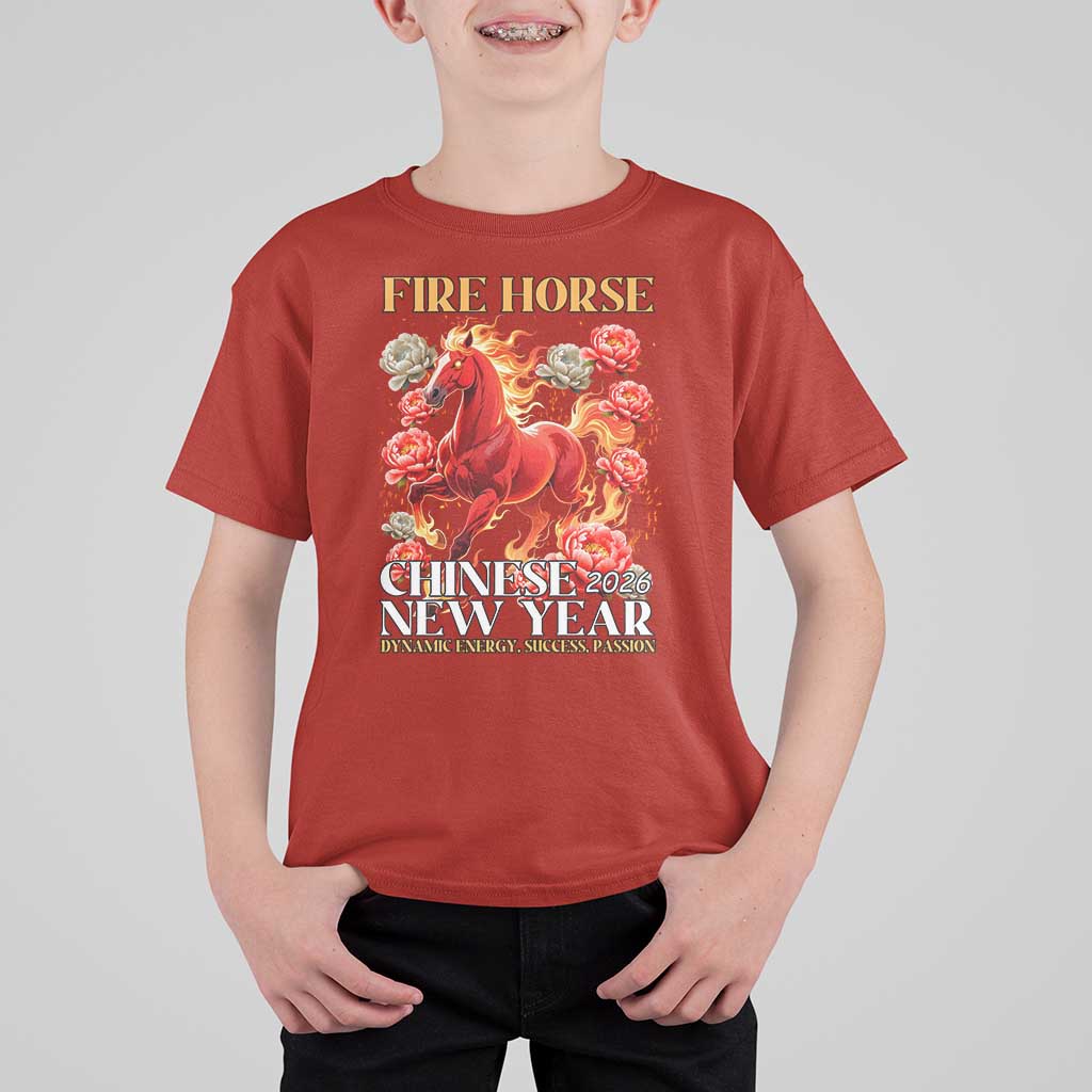 Year of The Fire Horse 2026 T Shirt For Kid Chinese New Year Peony Flower - Wonder Print Shop