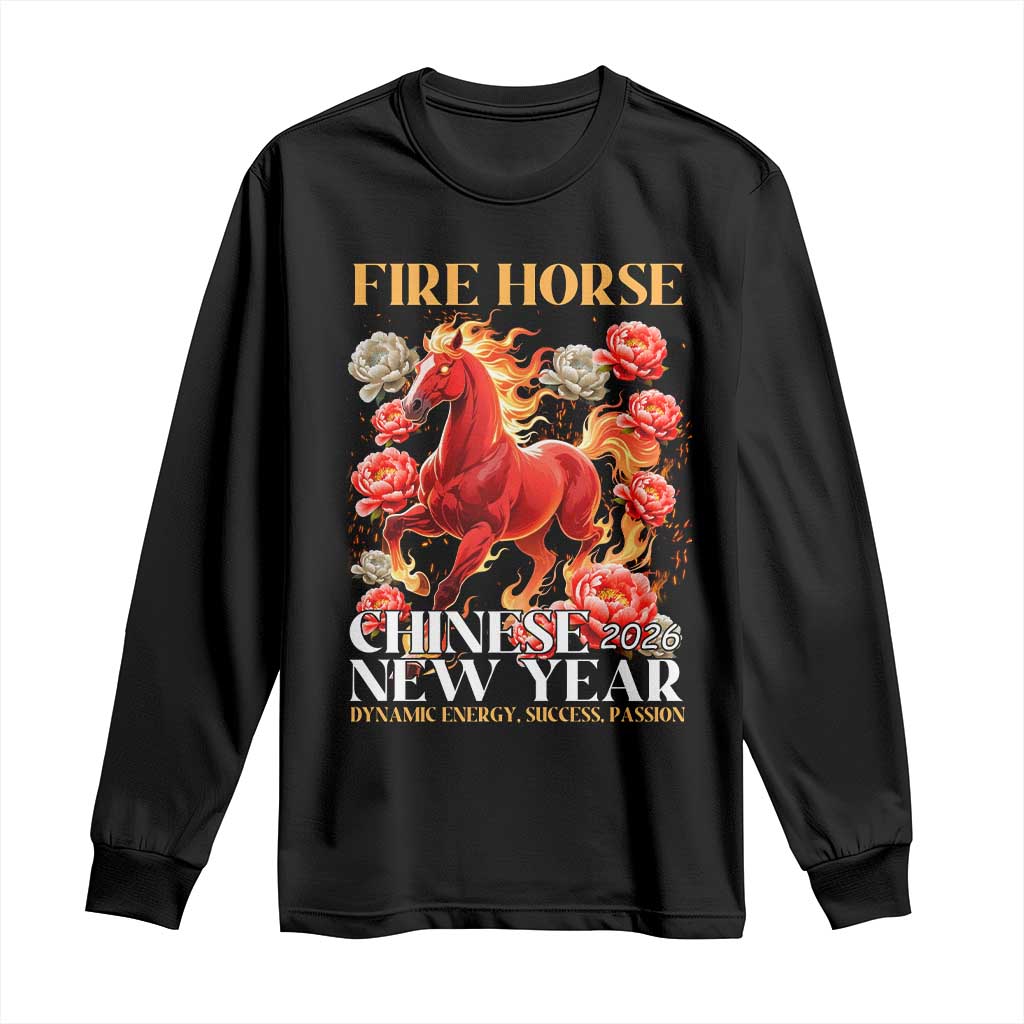 Year of The Fire Horse 2026 Long Sleeve Shirt Chinese New Year Peony Flower - Wonder Print Shop