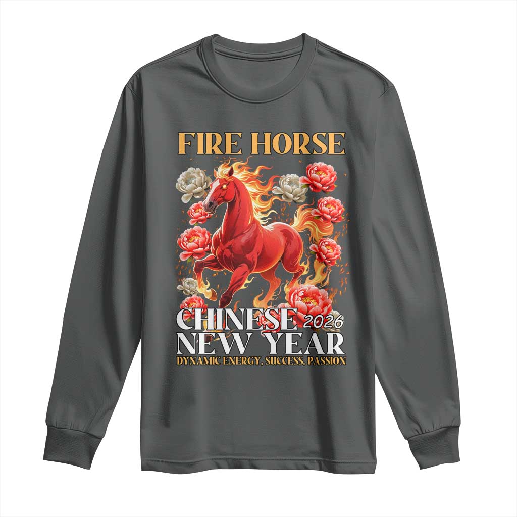 Year of The Fire Horse 2026 Long Sleeve Shirt Chinese New Year Peony Flower - Wonder Print Shop