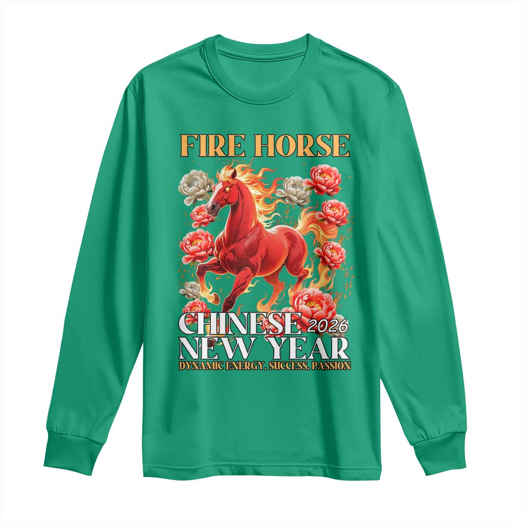 Year of The Fire Horse 2026 Long Sleeve Shirt Chinese New Year Peony Flower - Wonder Print Shop