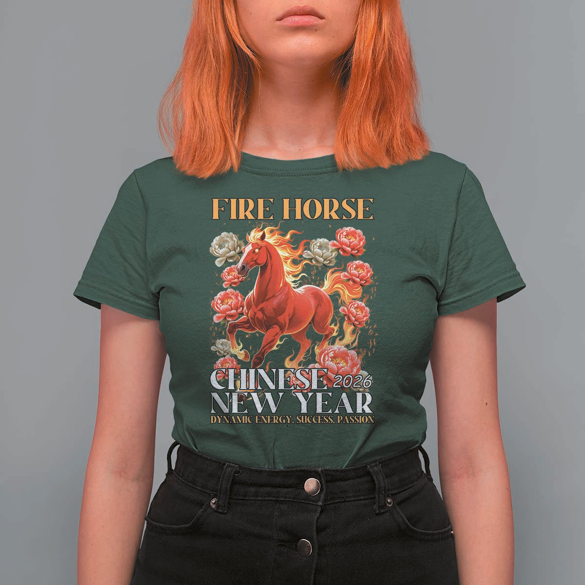 Year of The Fire Horse 2026 T Shirt For Women Chinese New Year Peony Flower - Wonder Print Shop