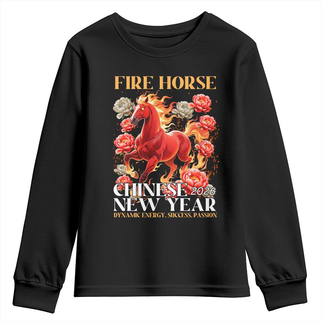 Year of The Fire Horse 2026 Youth Sweatshirt Chinese New Year Peony Flower - Wonder Print Shop
