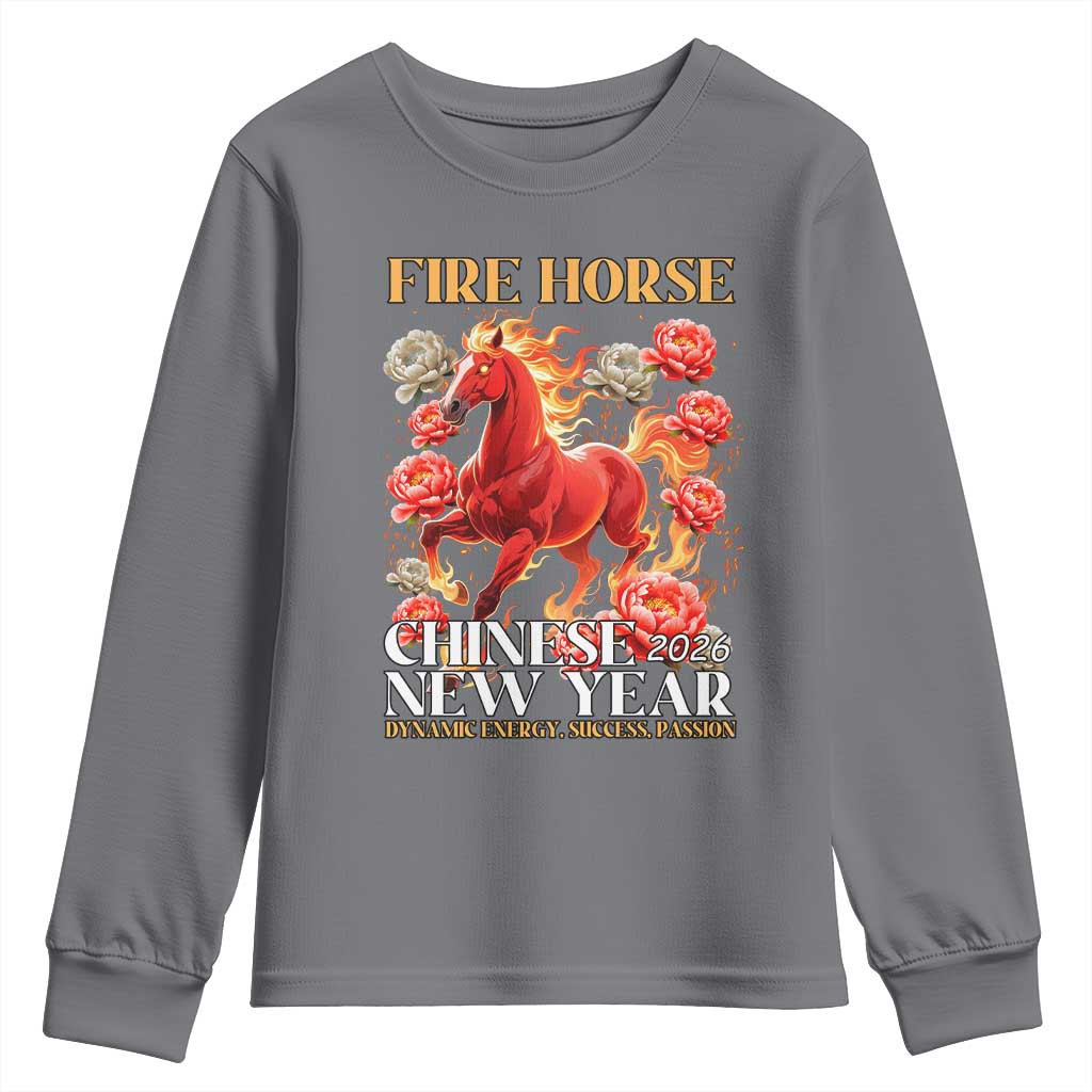 Year of The Fire Horse 2026 Youth Sweatshirt Chinese New Year Peony Flower - Wonder Print Shop