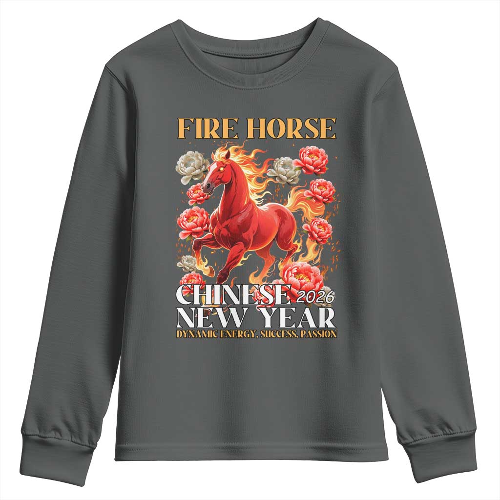 Year of The Fire Horse 2026 Youth Sweatshirt Chinese New Year Peony Flower - Wonder Print Shop