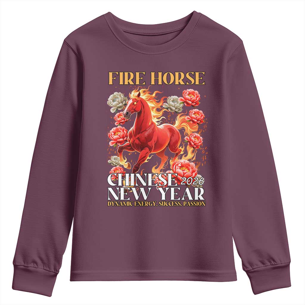Year of The Fire Horse 2026 Youth Sweatshirt Chinese New Year Peony Flower - Wonder Print Shop