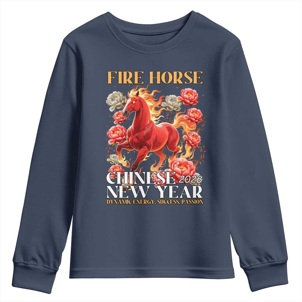 Year of The Fire Horse 2026 Youth Sweatshirt Chinese New Year Peony Flower - Wonder Print Shop
