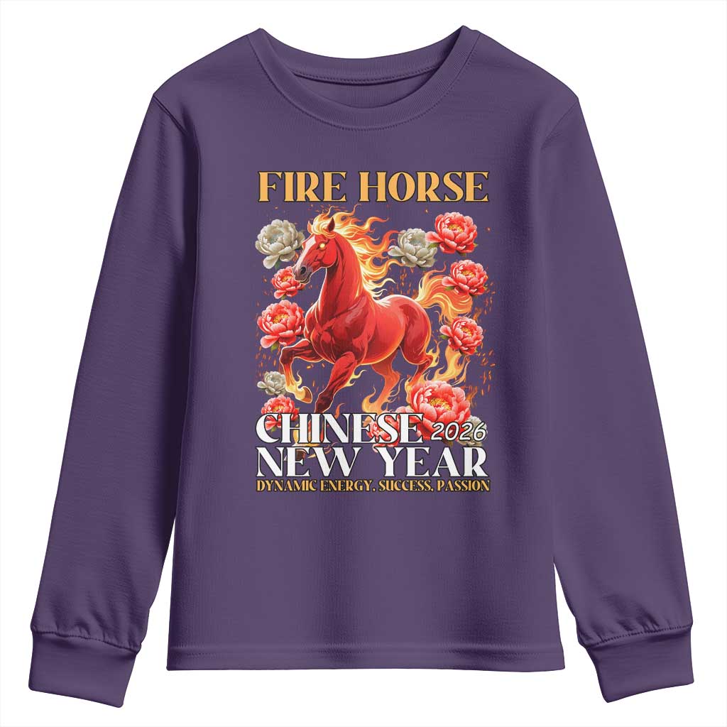 Year of The Fire Horse 2026 Youth Sweatshirt Chinese New Year Peony Flower - Wonder Print Shop