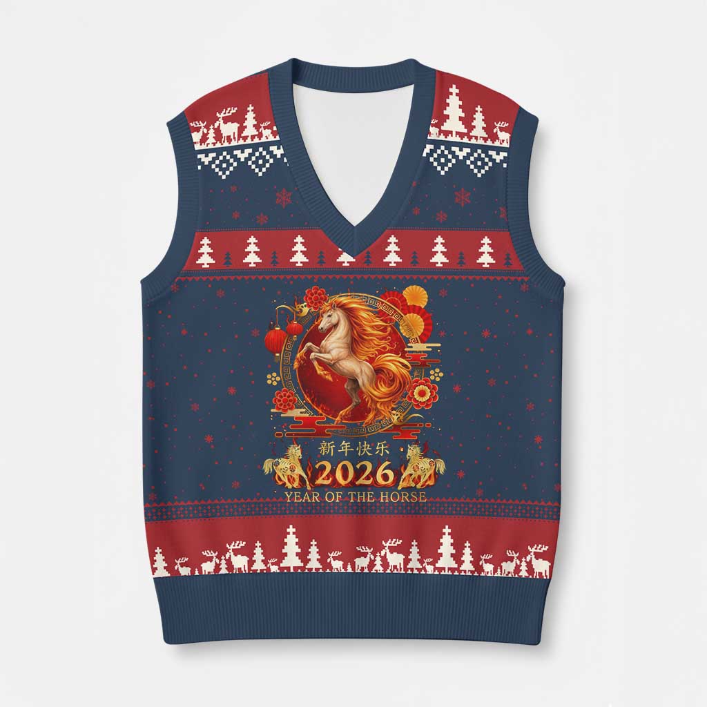 Year of The Fire Horse V-Neck Knit Sweater Vest Funny Chinese Zodiac Lunar New Year 2026 - Wonder Print Shop