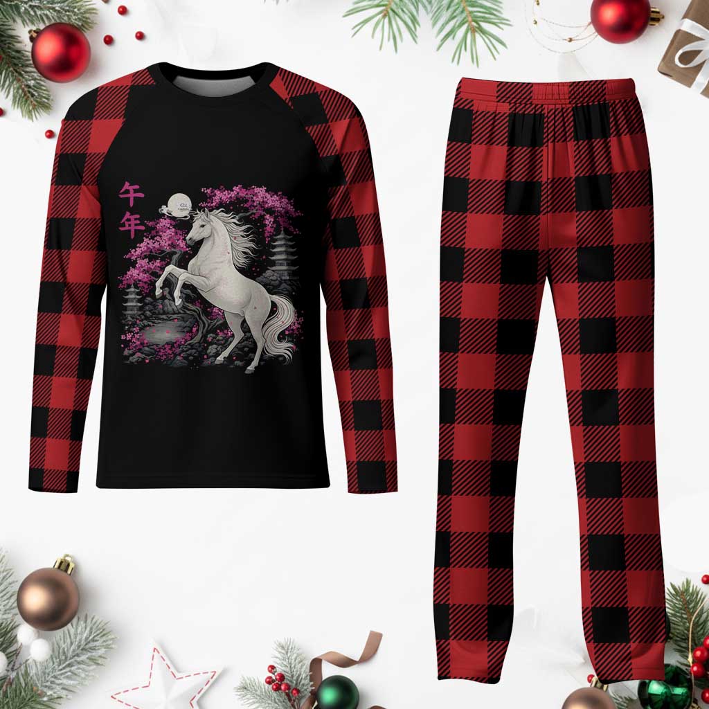 Japanese New Year 2026 Plaid Pajama Set Year Of The Horse Sakura Cherry Blossom Shrine - Wonder Print Shop