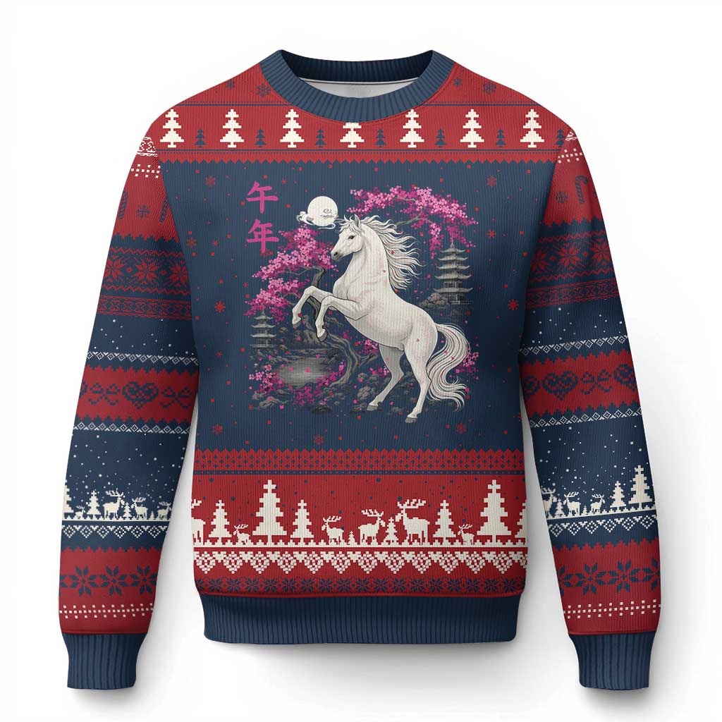 Japanese New Year 2026 Ugly Christmas Sweater Year Of The Horse Sakura Cherry Blossom Shrine - Wonder Print Shop