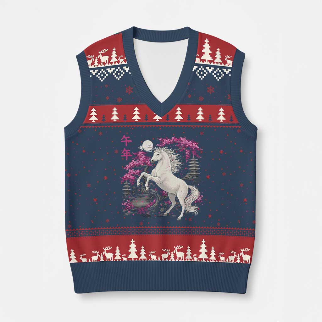 Japanese New Year 2026 V-Neck Knit Sweater Vest Year Of The Horse Sakura Cherry Blossom Shrine - Wonder Print Shop