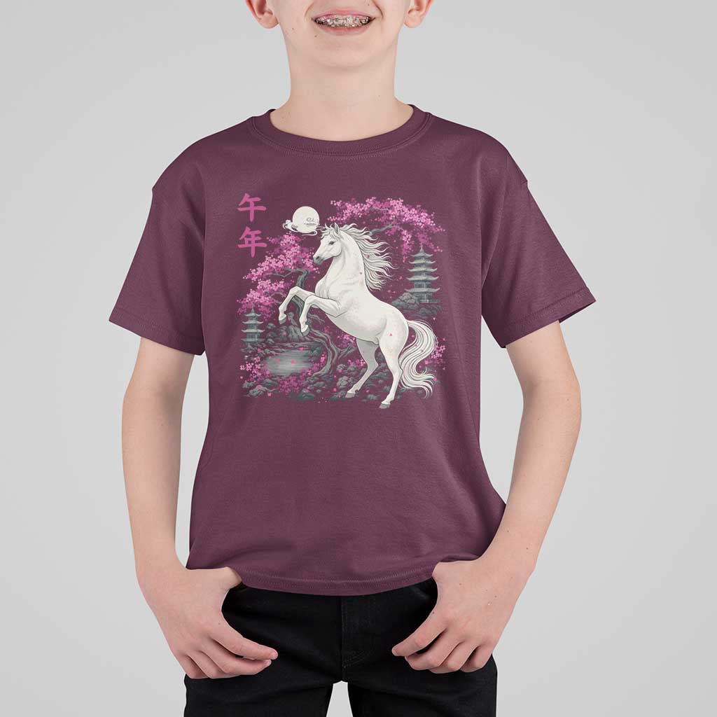 Japanese New Year 2026 T Shirt For Kid Year Of The Horse Sakura Cherry Blossom Shrine - Wonder Print Shop