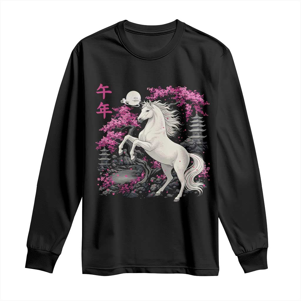 Japanese New Year 2026 Long Sleeve Shirt Year Of The Horse Sakura Cherry Blossom Shrine - Wonder Print Shop