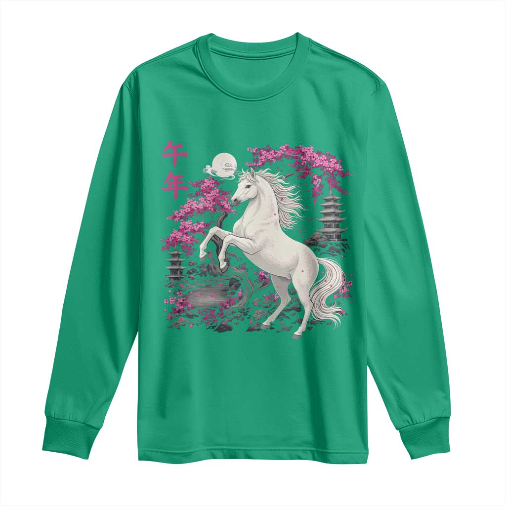 Japanese New Year 2026 Long Sleeve Shirt Year Of The Horse Sakura Cherry Blossom Shrine - Wonder Print Shop