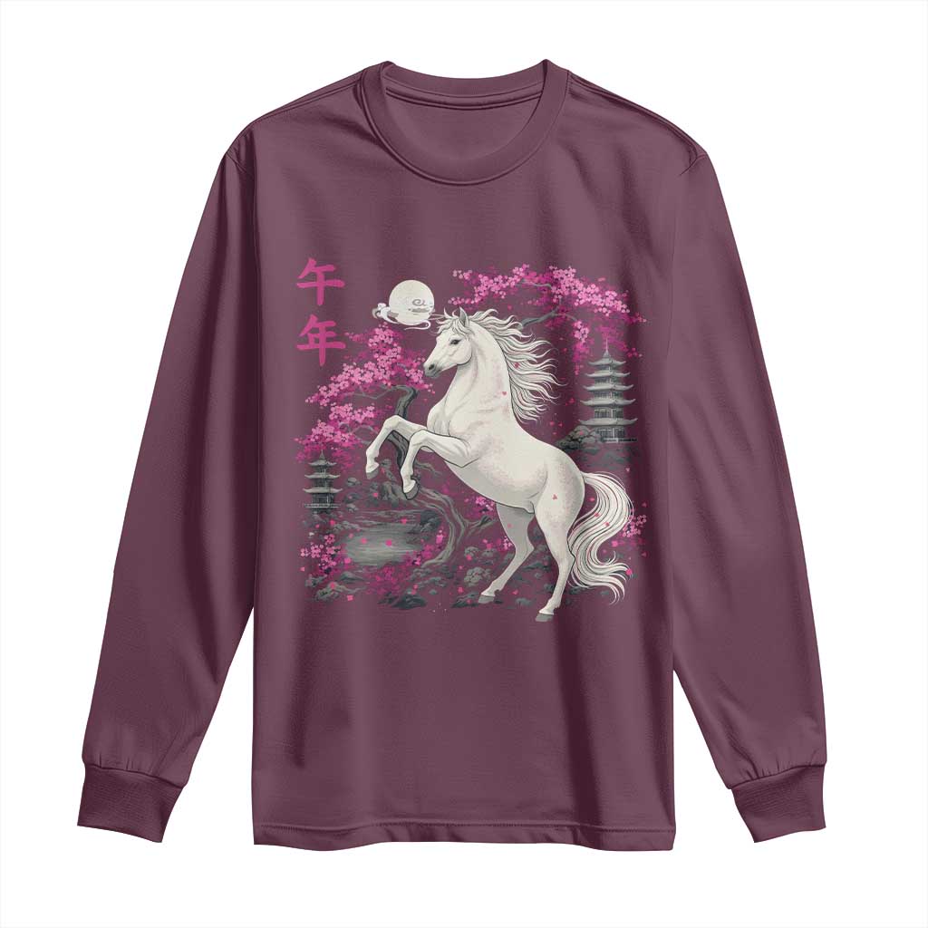 Japanese New Year 2026 Long Sleeve Shirt Year Of The Horse Sakura Cherry Blossom Shrine - Wonder Print Shop