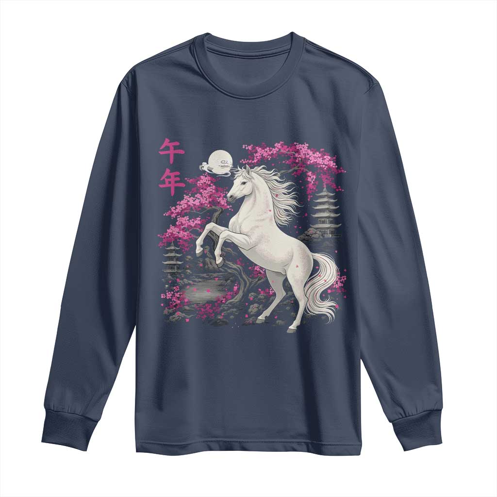 Japanese New Year 2026 Long Sleeve Shirt Year Of The Horse Sakura Cherry Blossom Shrine - Wonder Print Shop