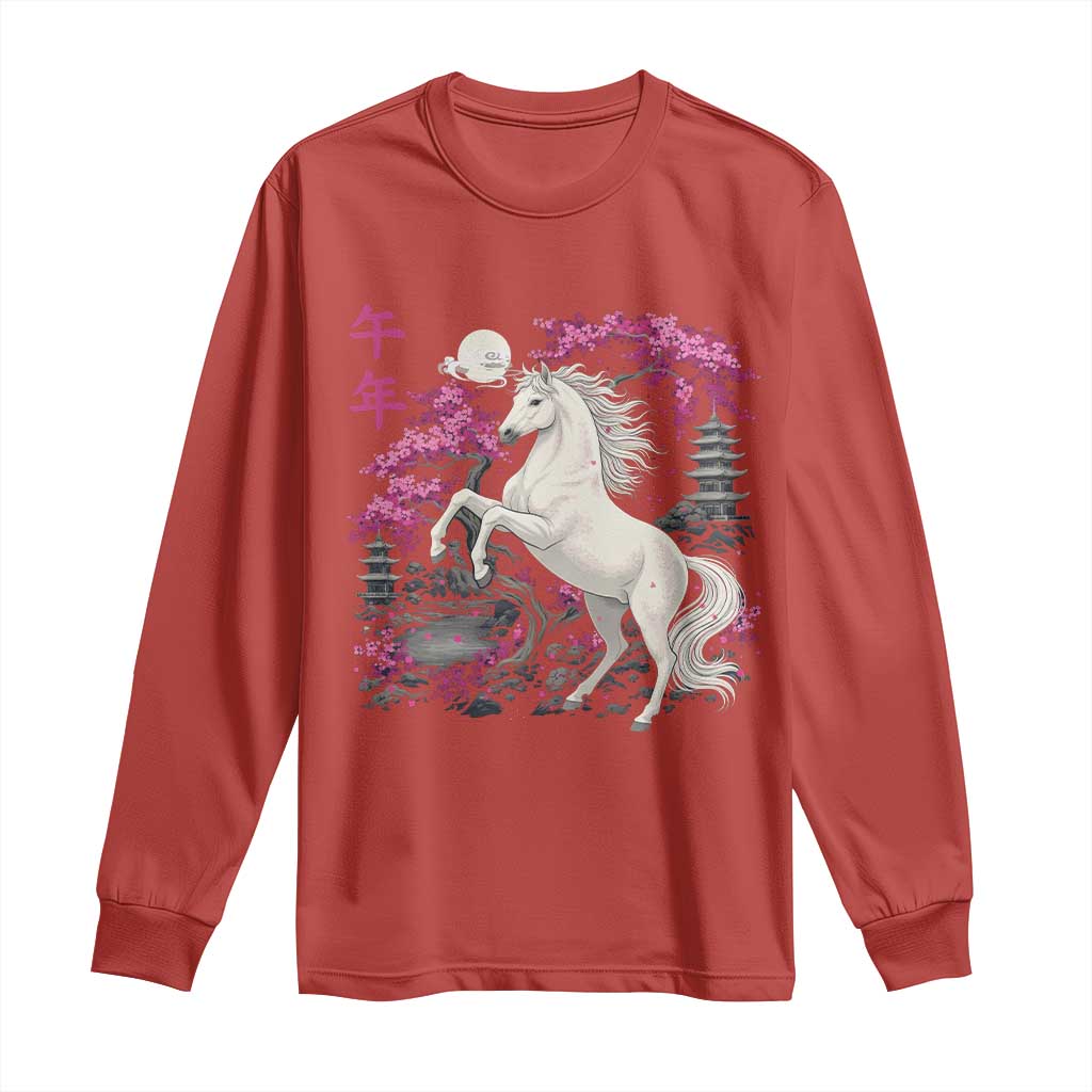 Japanese New Year 2026 Long Sleeve Shirt Year Of The Horse Sakura Cherry Blossom Shrine - Wonder Print Shop