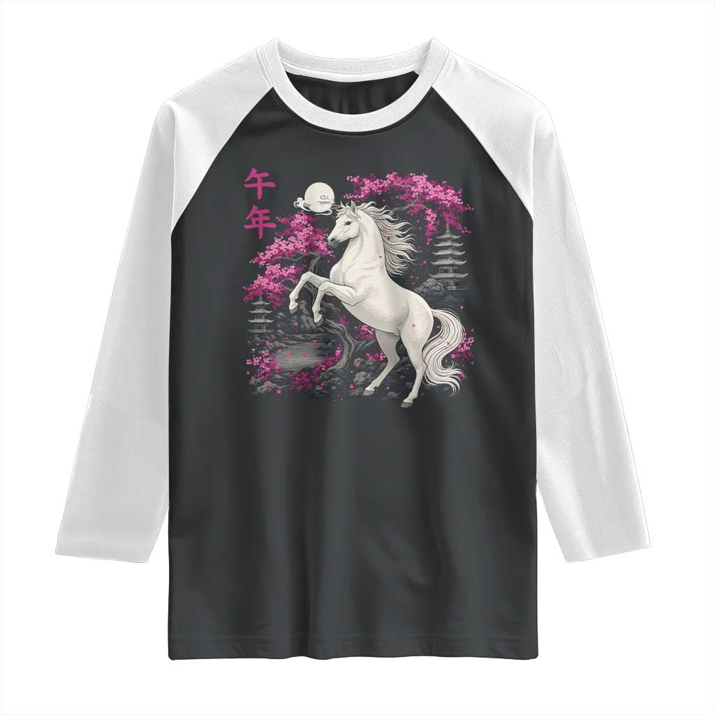 Japanese New Year 2026 Raglan Shirt Year Of The Horse Sakura Cherry Blossom Shrine - Wonder Print Shop