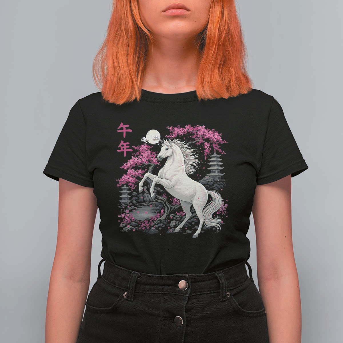 Japanese New Year 2026 T Shirt For Women Year Of The Horse Sakura Cherry Blossom Shrine - Wonder Print Shop