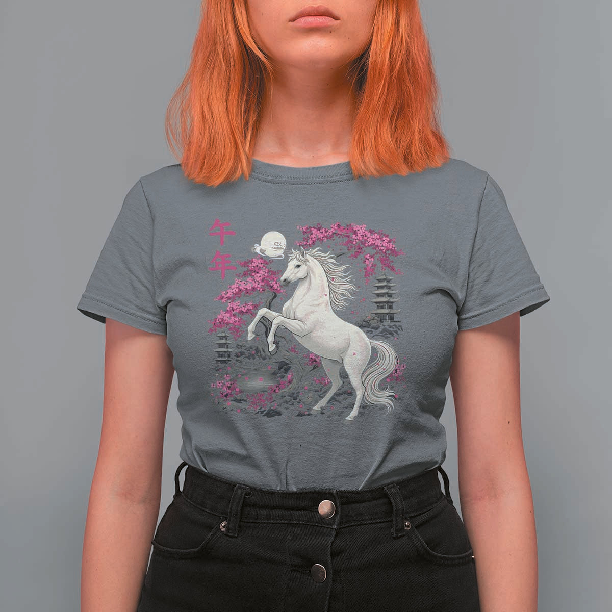 Japanese New Year 2026 T Shirt For Women Year Of The Horse Sakura Cherry Blossom Shrine - Wonder Print Shop
