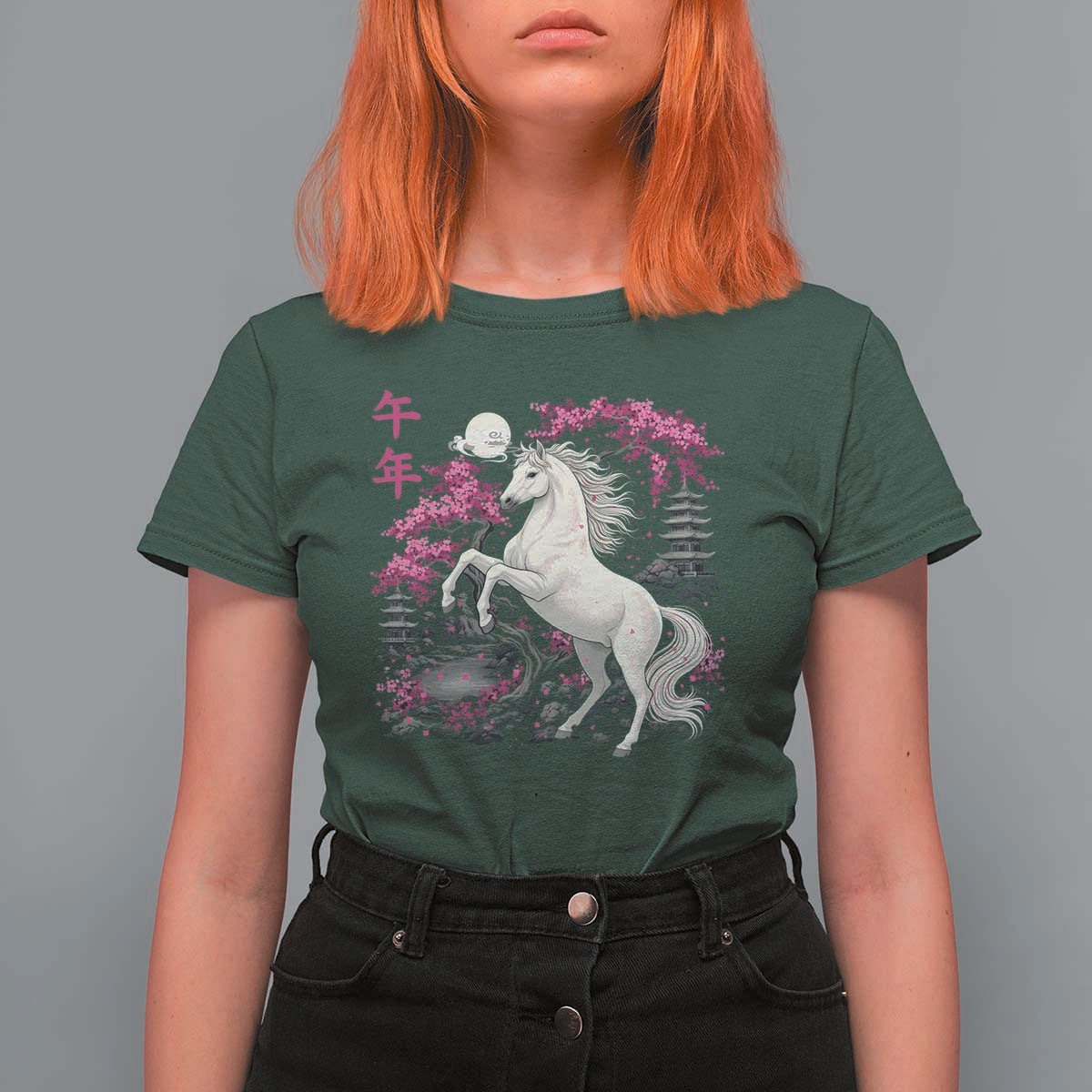Japanese New Year 2026 T Shirt For Women Year Of The Horse Sakura Cherry Blossom Shrine - Wonder Print Shop