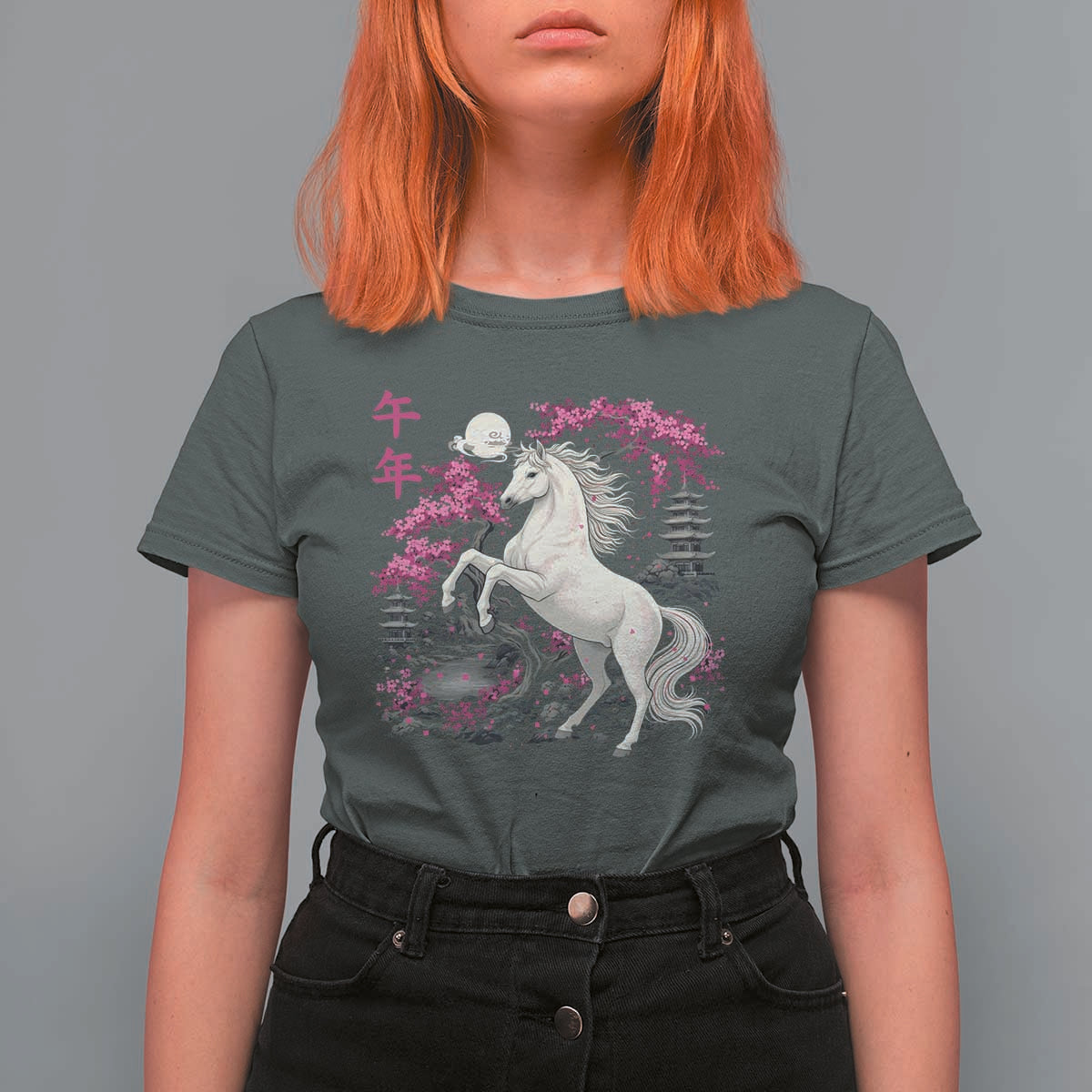 Japanese New Year 2026 T Shirt For Women Year Of The Horse Sakura Cherry Blossom Shrine - Wonder Print Shop