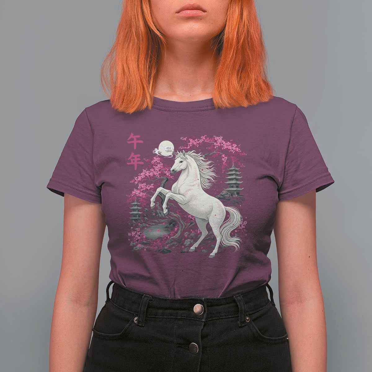 Japanese New Year 2026 T Shirt For Women Year Of The Horse Sakura Cherry Blossom Shrine - Wonder Print Shop