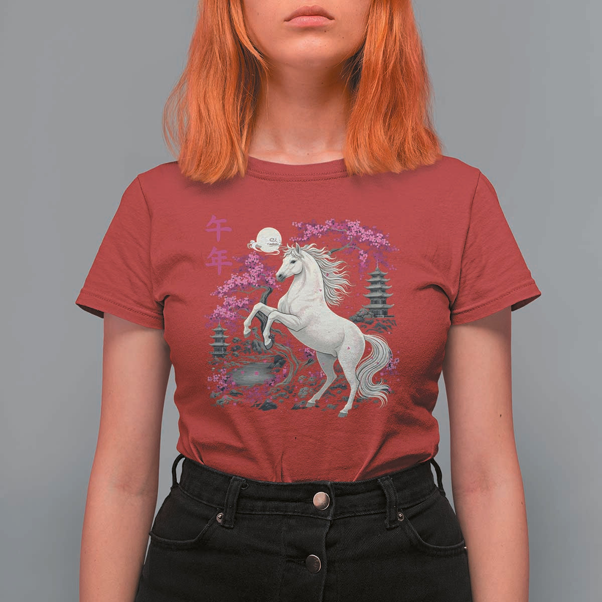 Japanese New Year 2026 T Shirt For Women Year Of The Horse Sakura Cherry Blossom Shrine - Wonder Print Shop
