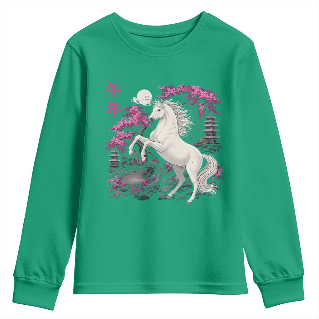 Japanese New Year 2026 Youth Sweatshirt Year Of The Horse Sakura Cherry Blossom Shrine - Wonder Print Shop