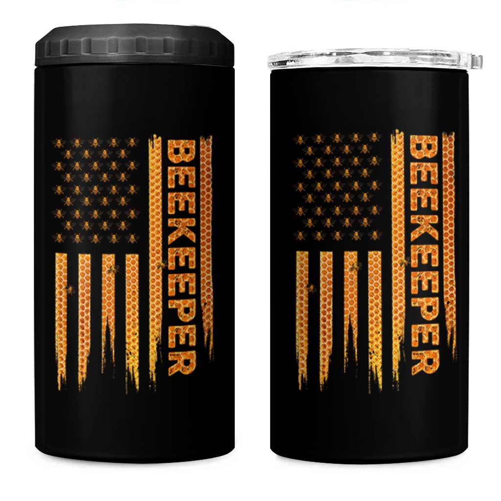 Beekeeping American Flag Honeycomb Honey Bees Beekeeper 4 in 1 Can Cooler Tumbler