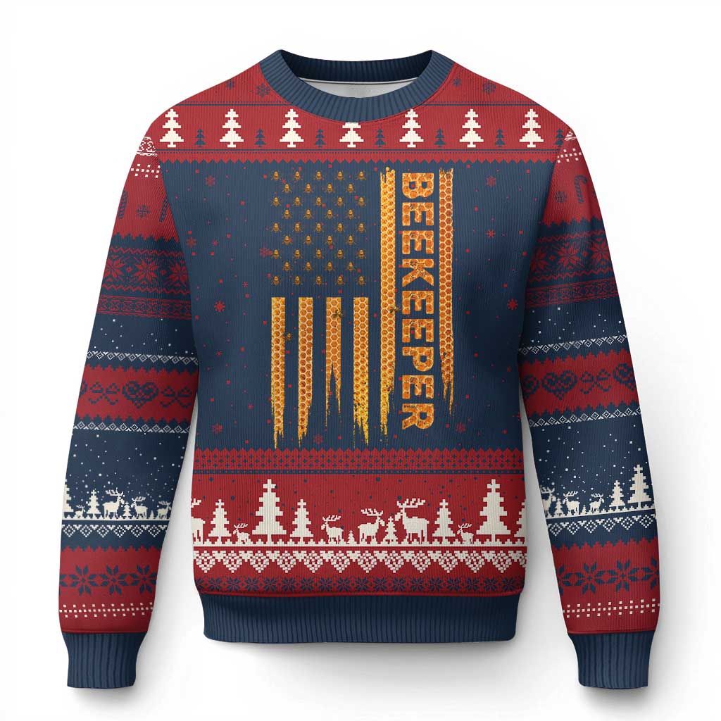 Beekeeping American Flag Honeycomb Honey Bees Beekeeper Ugly Christmas Sweater