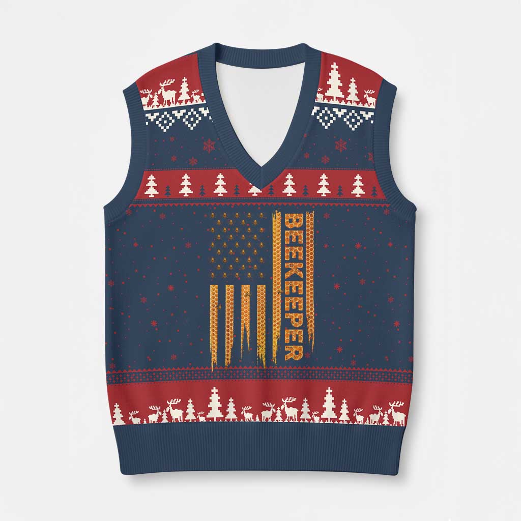 Beekeeping American Flag Honeycomb Honey Bees Beekeeper V-Neck Knit Sweater Vest