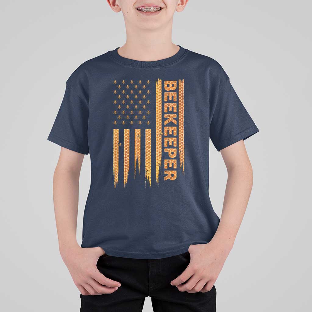 Beekeeping American Flag Honeycomb Honey Bees Beekeeper T Shirt For Kid