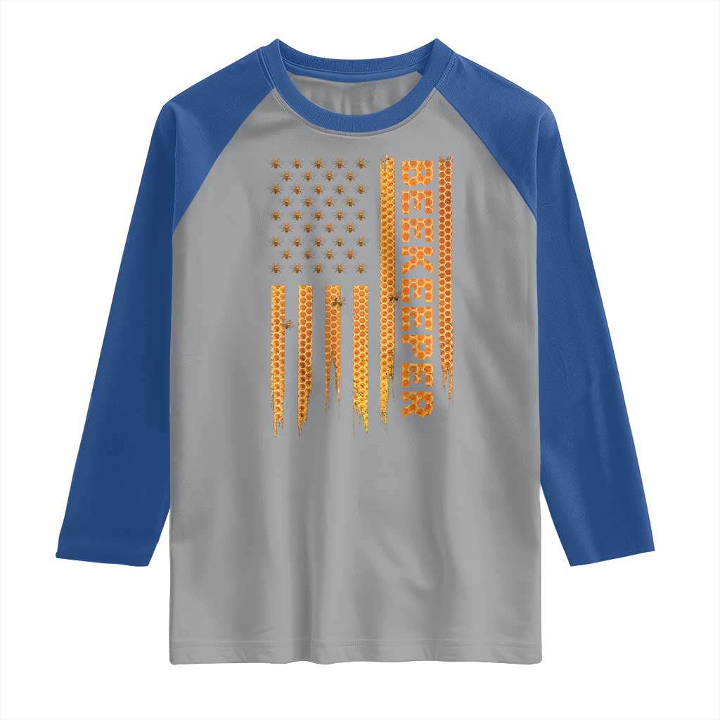 Beekeeping American Flag Honeycomb Honey Bees Beekeeper Raglan Shirt