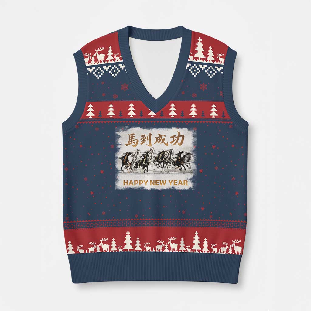Year of The Horse 2026 V-Neck Knit Sweater Vest Happy New Year Gallop Of The 8 Horses