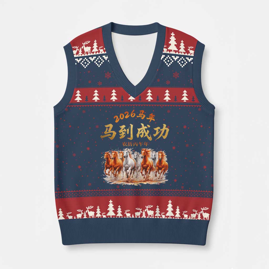 Gallop Of The 8 Horses V-Neck Knit Sweater Vest Chinese New Year 2026 Year of The Horse