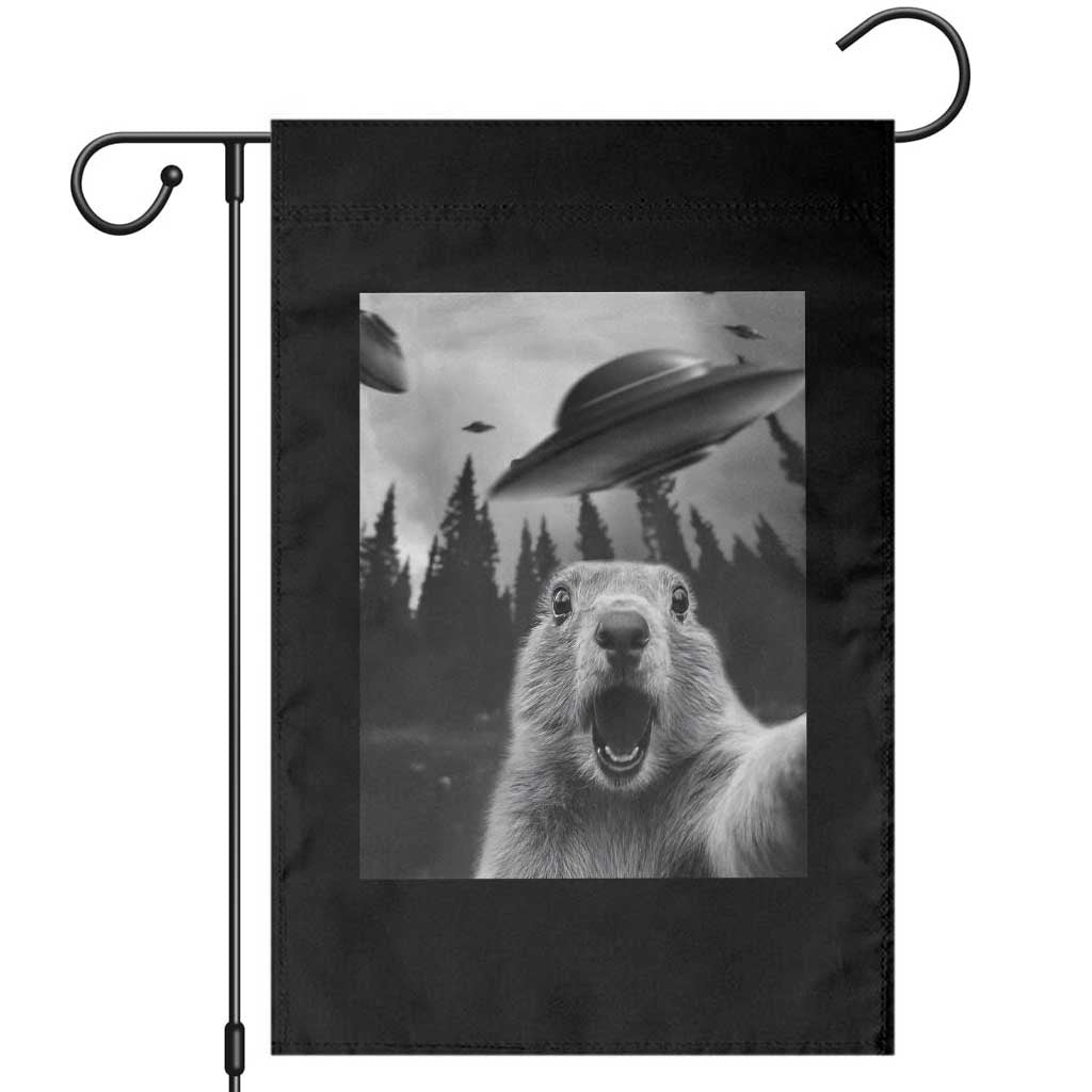 Funny Groundhog Selfie With Alien UFOs Weird Ground Hog Day Garden Flag - Wonder Print Shop