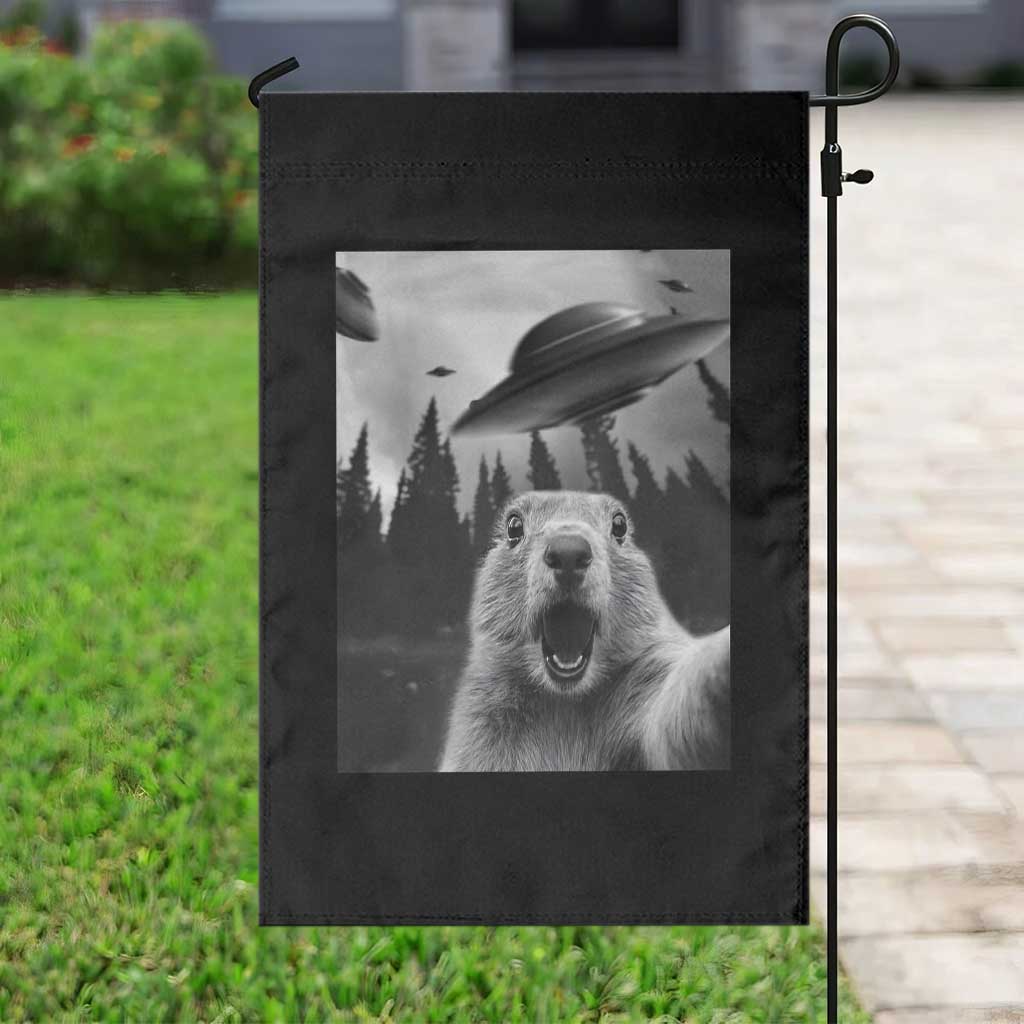 Funny Groundhog Selfie With Alien UFOs Weird Ground Hog Day Garden Flag - Wonder Print Shop