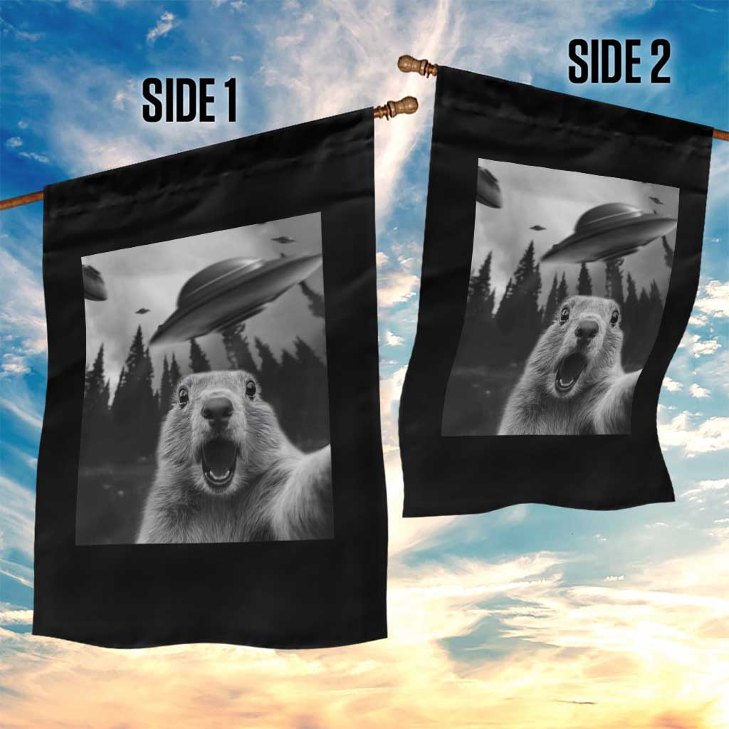 Funny Groundhog Selfie With Alien UFOs Weird Ground Hog Day Garden Flag - Wonder Print Shop