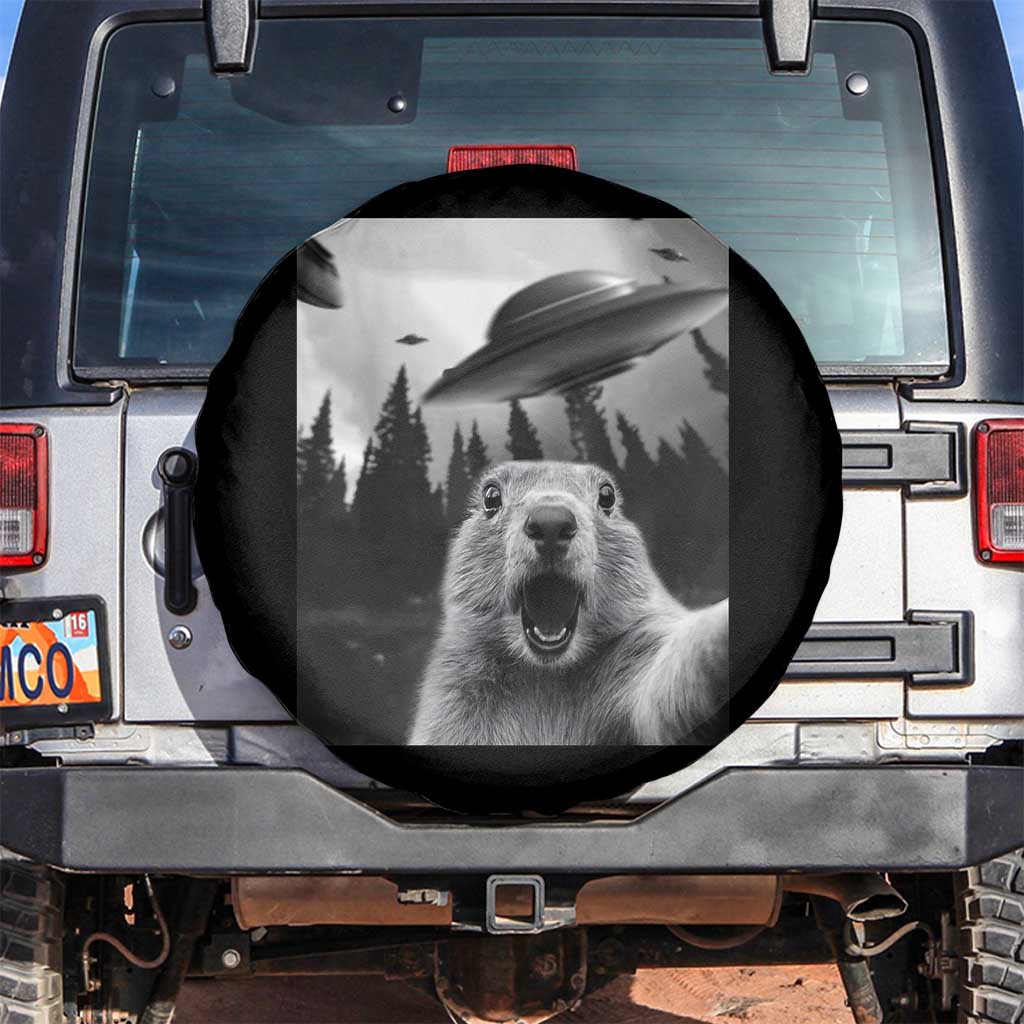 Funny Groundhog Selfie With Alien UFOs Weird Ground Hog Day Spare Tire Cover - Wonder Print Shop