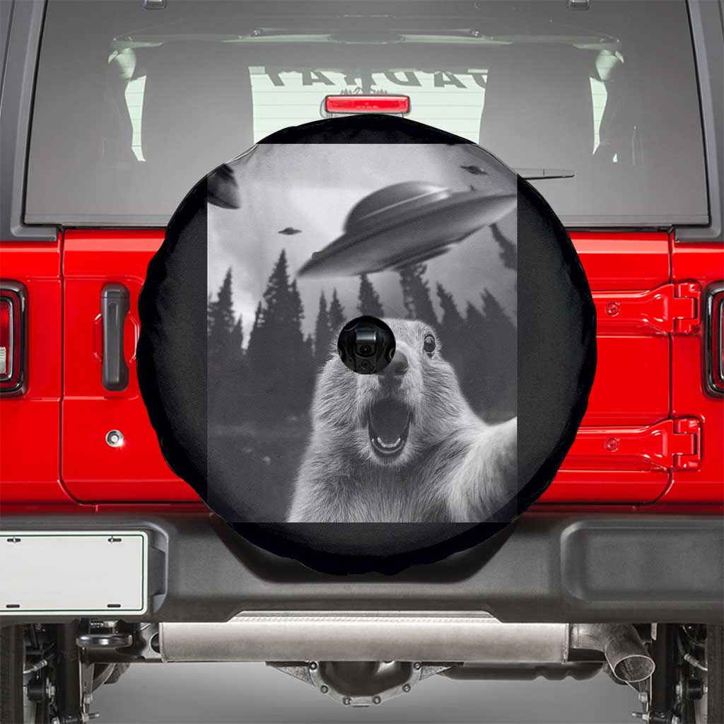 Funny Groundhog Selfie With Alien UFOs Weird Ground Hog Day Spare Tire Cover - Wonder Print Shop