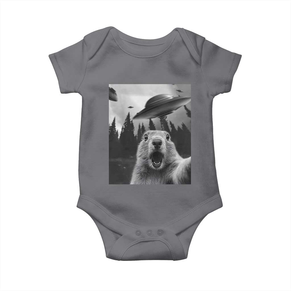Funny Groundhog Selfie With Alien UFOs Weird Ground Hog Day Baby Onesie - Wonder Print Shop