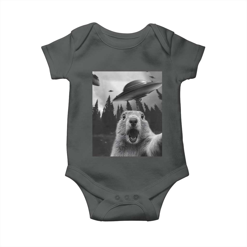 Funny Groundhog Selfie With Alien UFOs Weird Ground Hog Day Baby Onesie - Wonder Print Shop