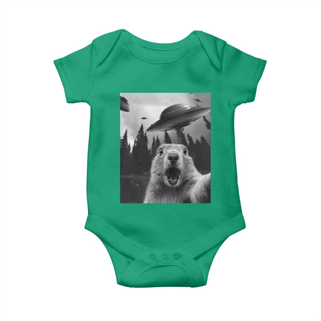 Funny Groundhog Selfie With Alien UFOs Weird Ground Hog Day Baby Onesie - Wonder Print Shop