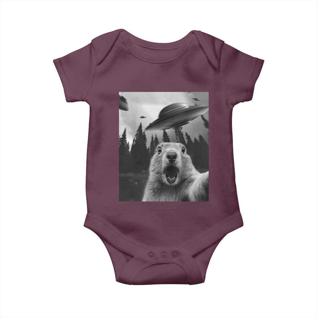 Funny Groundhog Selfie With Alien UFOs Weird Ground Hog Day Baby Onesie - Wonder Print Shop