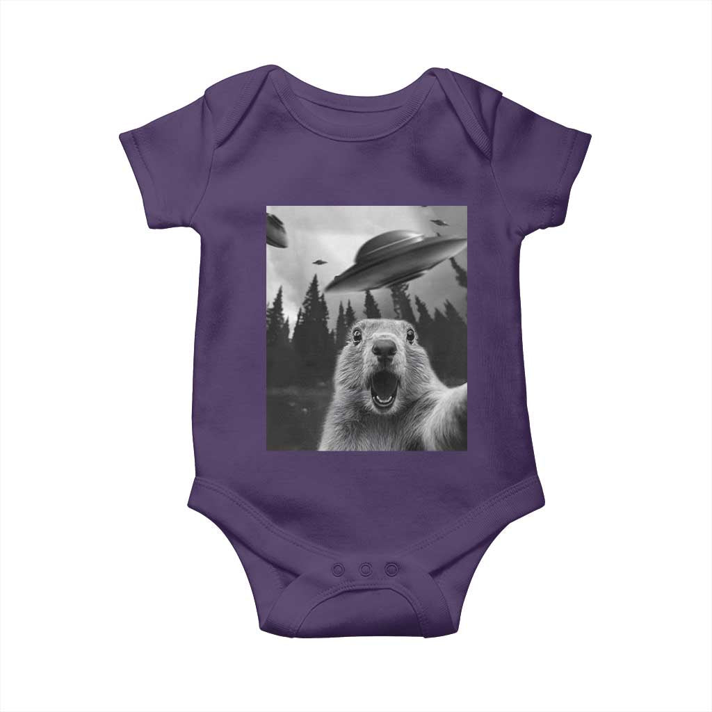 Funny Groundhog Selfie With Alien UFOs Weird Ground Hog Day Baby Onesie - Wonder Print Shop