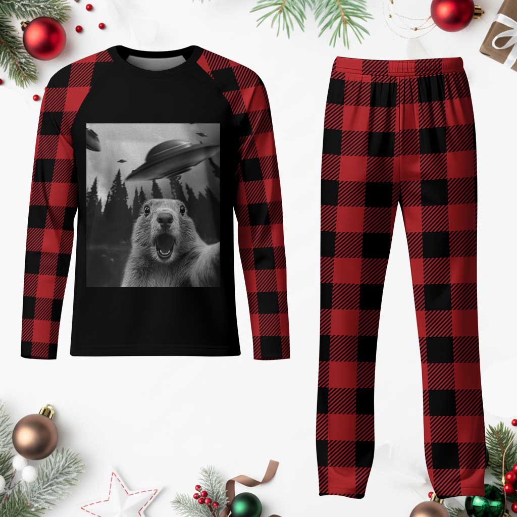Funny Groundhog Selfie With Alien UFOs Weird Ground Hog Day Plaid Pajama Set - Wonder Print Shop