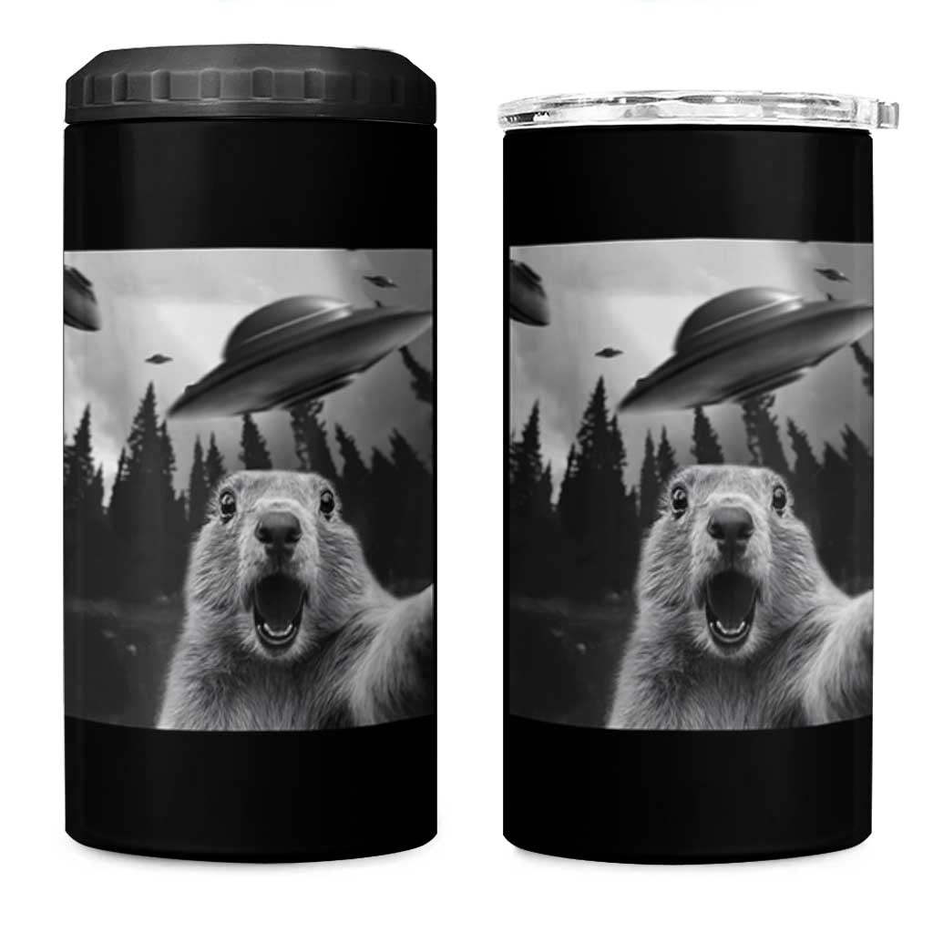 Funny Groundhog Selfie With Alien UFOs Weird Ground Hog Day 4 in 1 Can Cooler Tumbler - Wonder Print Shop